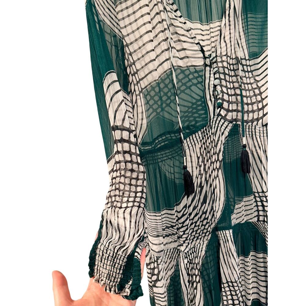 Anthropologie XS Marais Geometric Printed Sheer Chiffon Maxi Dress Boho Green - Picture 7 of 13